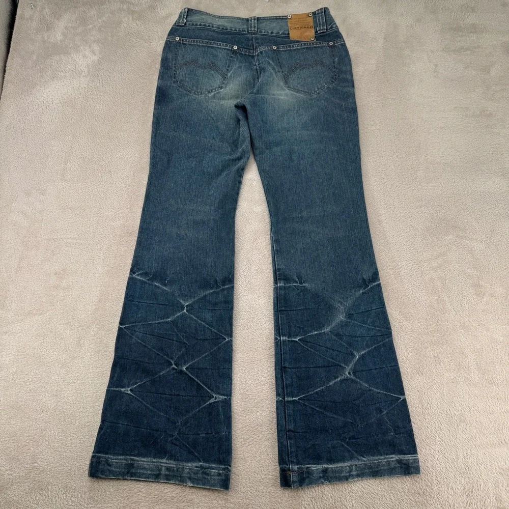 Vintage Y2K Chevignon Jumble Flare Leg Jeans Womens 27 Blue Denim Whisker‎ Wash